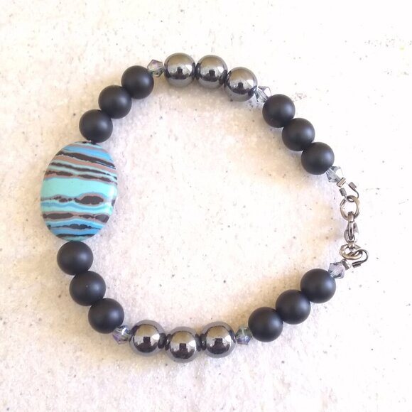 Handmade Jewelry - Energetic & Spunky Beaded Bracelet 7-8" ~ Fordite + Hematite + Black Beads